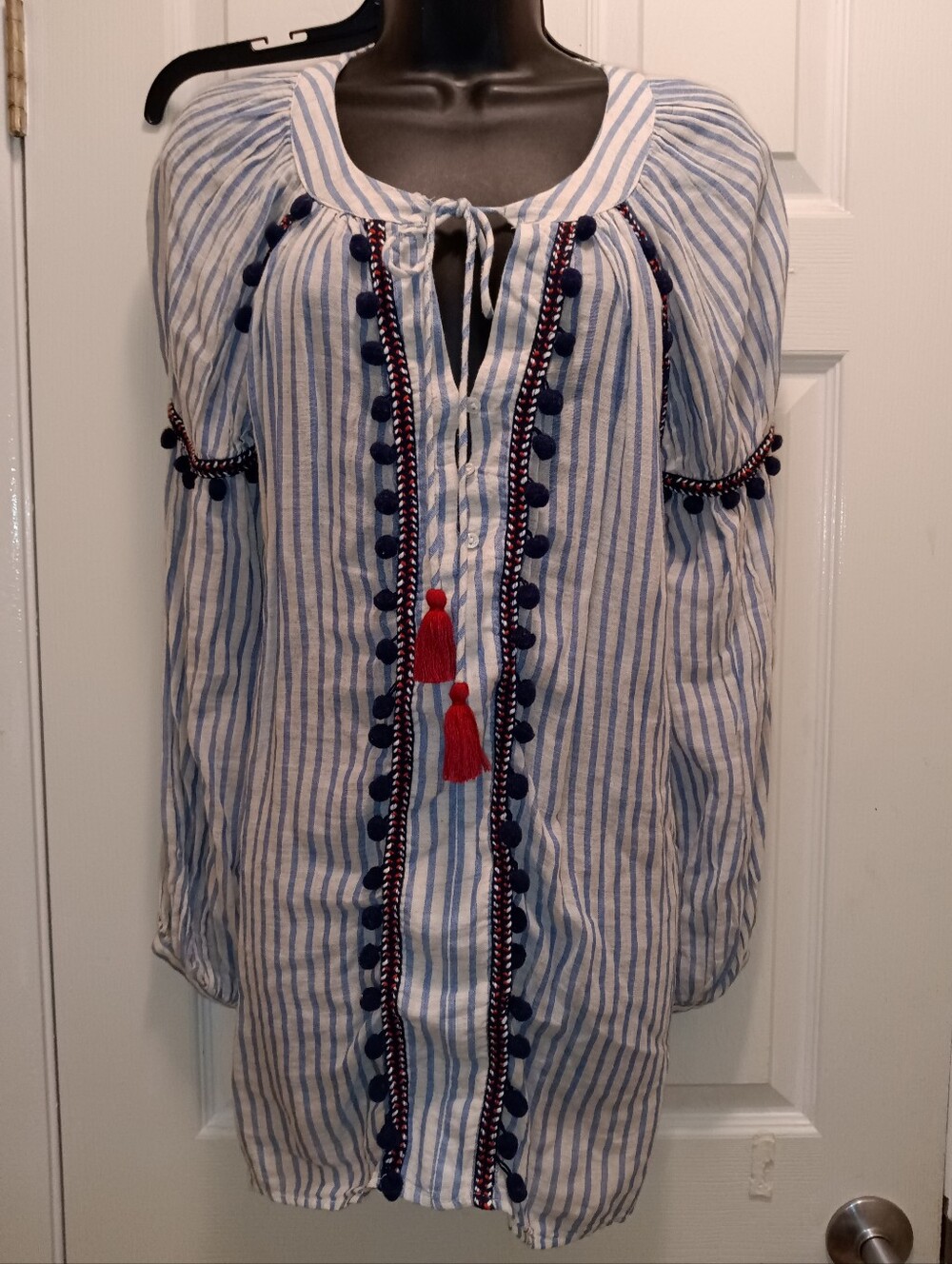 Zara TRF Blue & White Striped Embroidered Peasant Tunic with Red Tassels